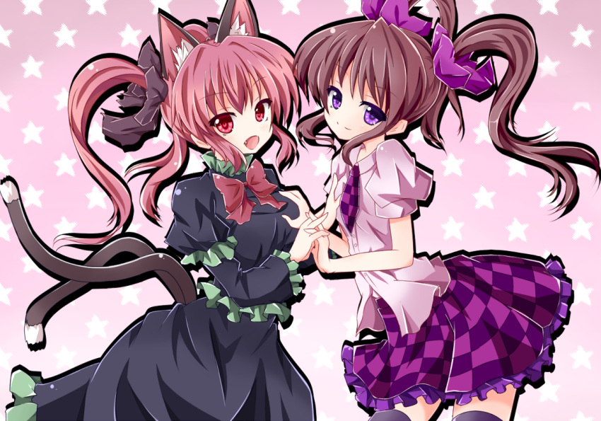alternate_hairstyle, animal_ears, bad_id, black_dress, breast_grab, breasts, brown_hair, cat_ears