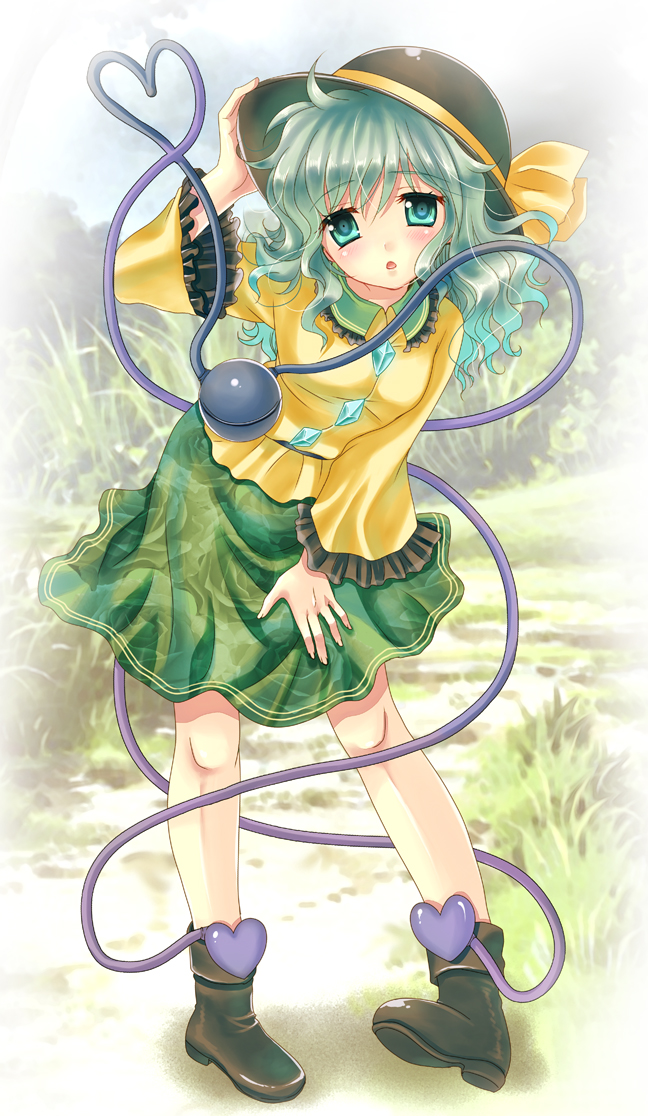 blush, grass, green_eyes, hand_on_hat, hat, heart, komeiji_koishi, leaning_forward