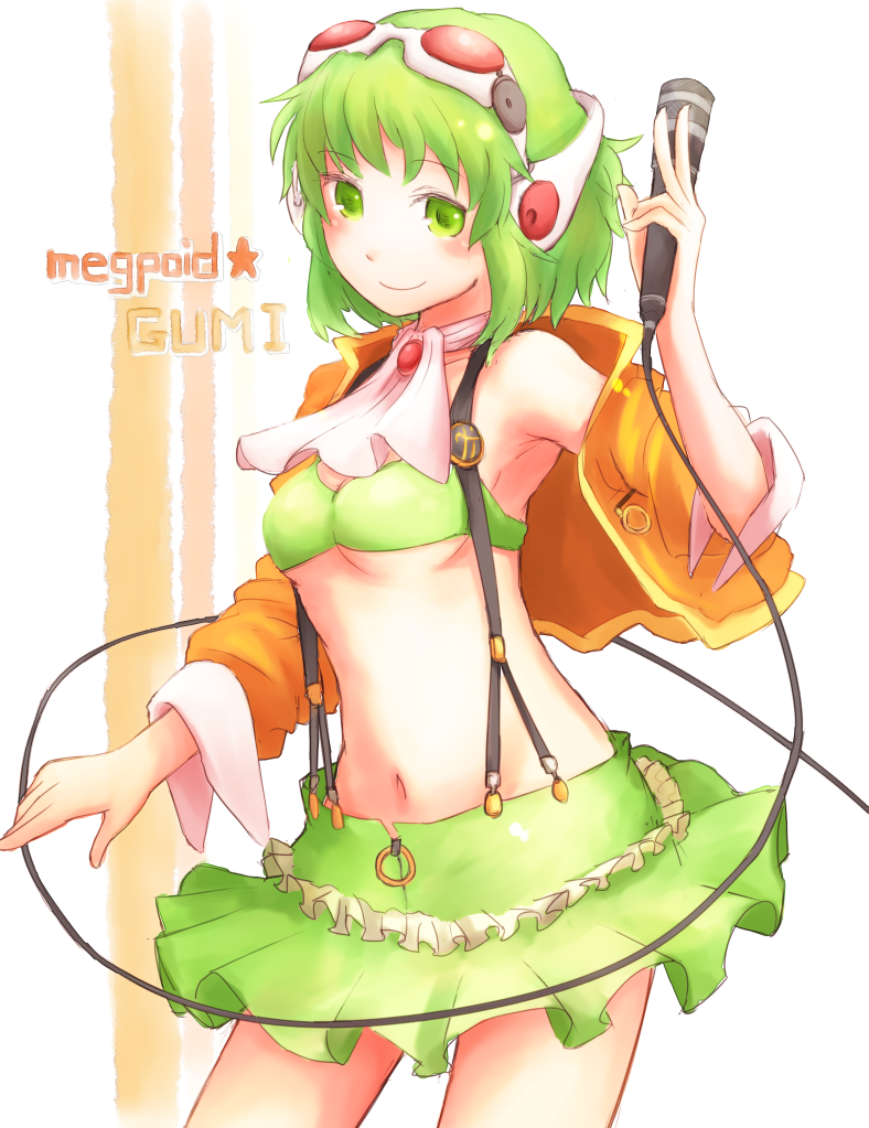 arm_up, ascot, bikini_top, blush, goggles, goggles_on_head, green_eyes, green_hair