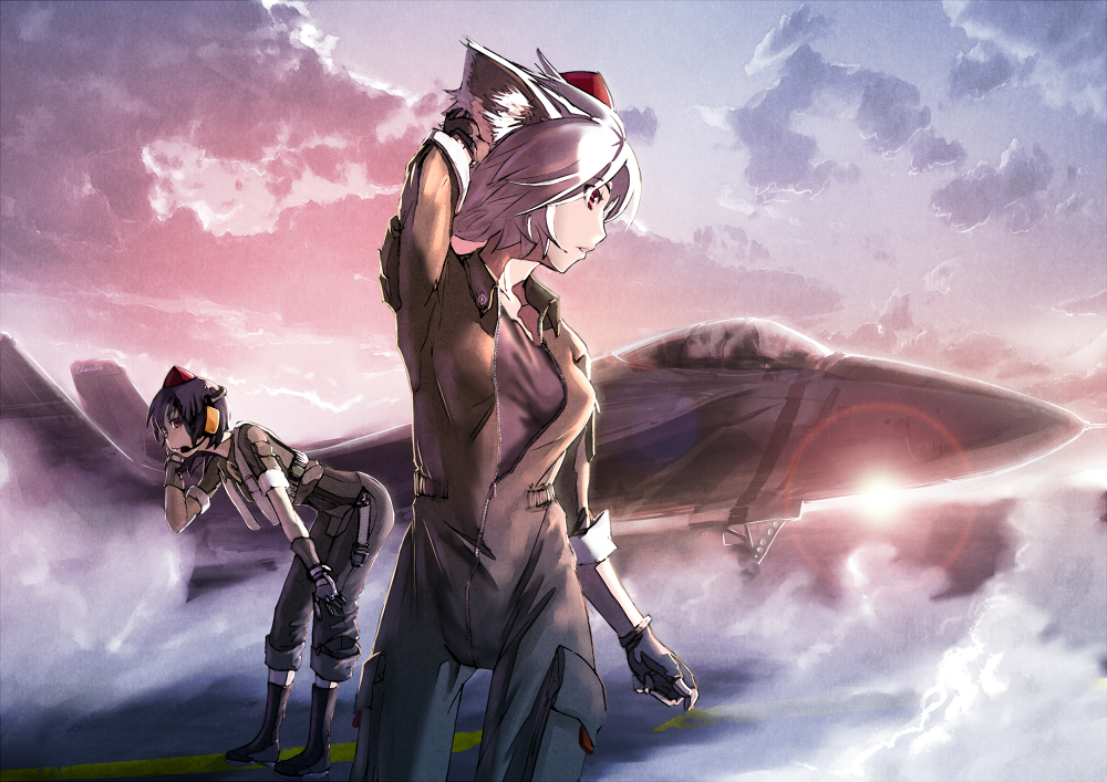 airplane, alternate_costume, animal_ears, bad_id, black_hair, chevasis, cloud, contemporary