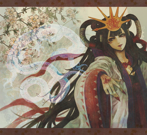 3-ba, ameto, bangs, beatmania, beatmania_iidx, black_hair, cherry_blossoms, dragon, eastern_dragon, facial_mark, fingernails, flower, hair_rings, himiko_(beatmania), long_fingernails, long_hair, magatama, solo