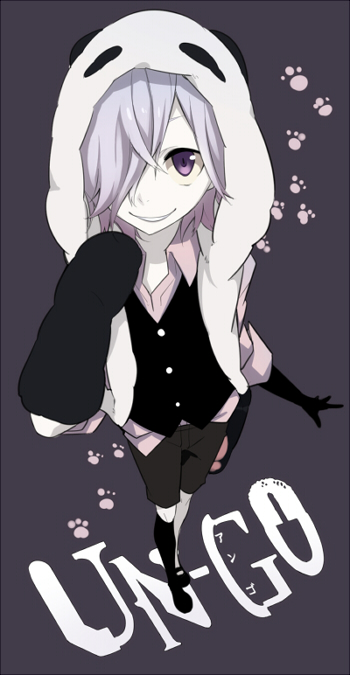 gloves, grin, hair_over_one_eye, inga, looking_up, panda_hat, paw_print, purple_eyes