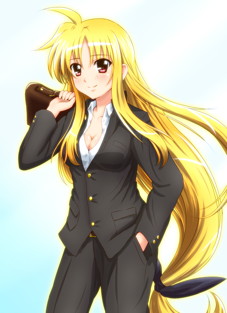 1girl, bag, black_ribbon, blonde_hair, blush, breasts, briefcase, cleavage, diesel-turbo, fate_testarossa, female, gakuran, hair_ribbon, hand_in_pocket, long_hair, low-tied_long_hair, lyrical_nanoha, mahou_shoujo_lyrical_nanoha, open_clothes, red_eyes, ribbon, school_uniform, smile, solo, unbuttoned, uniform, very_long_hair