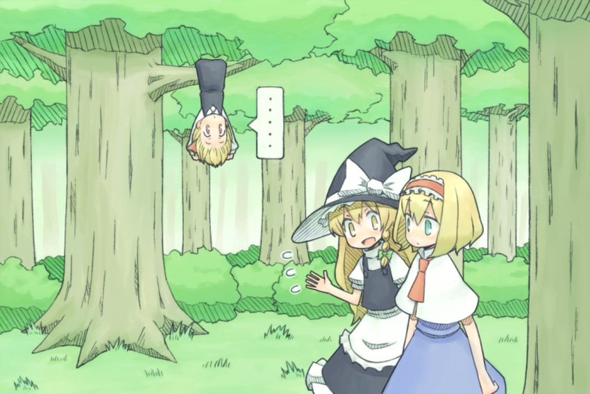 3girls, alice_margatroid, apron, ascot, black_dress, blonde_hair, blue_dress, blue_eyes, braid, capelet, dress, flying_sweatdrops, forest, grass, hair_ribbon, hairband, hanging, hat, in_tree, kirisame_marisa, multiple_girls, nature, open_mouth, red_eyes, ribbon, rumia, taiga_mahoukan, touhou, tree, upside-down, witch, witch_hat, yellow_eyes, youkai