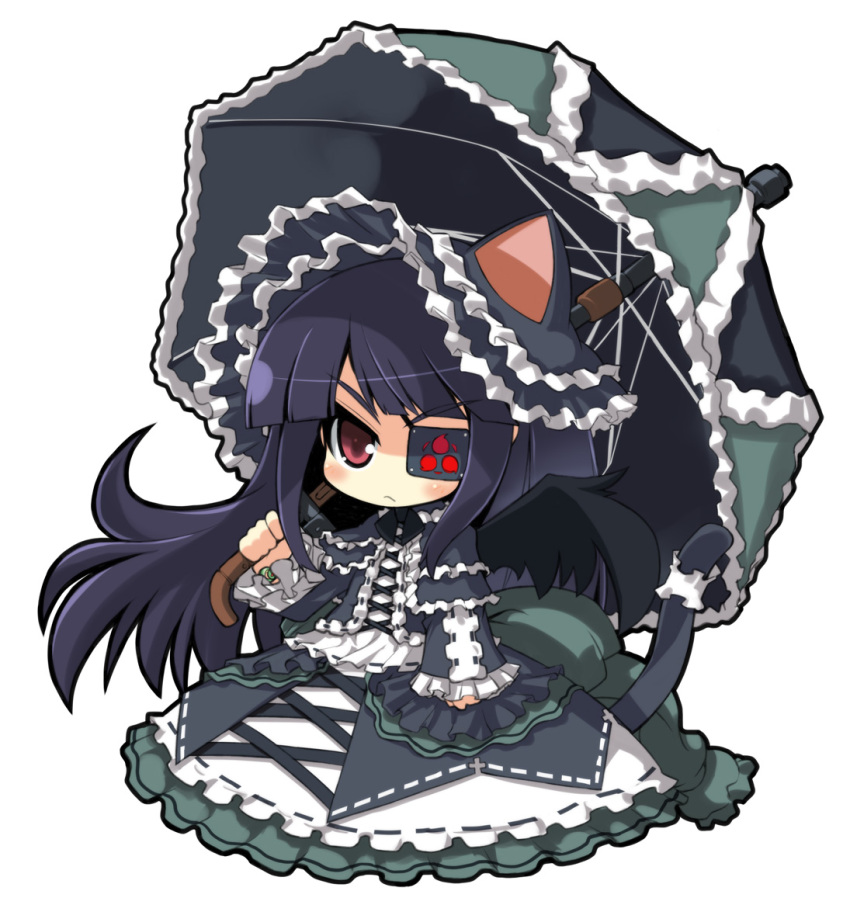 1girl, black_hair, cat_ears, chibi, crazy_developers, dress, eyepatch, frown