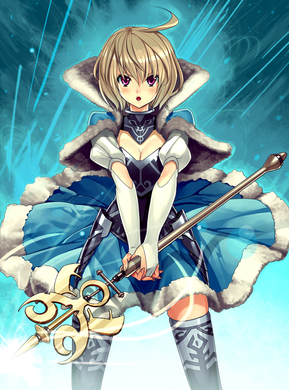 ahoge, armor, black_legwear, blush, breasts, bridal_gauntlets, brown_hair, capelet