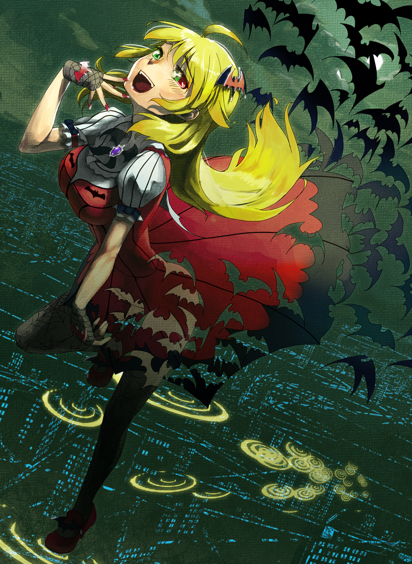 bat, blonde_hair, breasts, cloud, dress, fangs, fingerless_gloves, fingernails