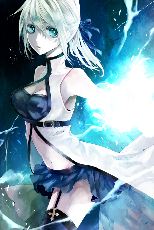 aqua_eyes, bad_id, blonde_hair, breasts, cleavage, electricity, garter_straps, genderswap