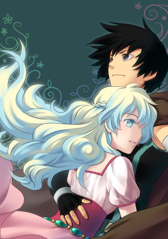 1boy, 1girl, black_hair, couple, dress, fingerless_gloves, gloves, hug