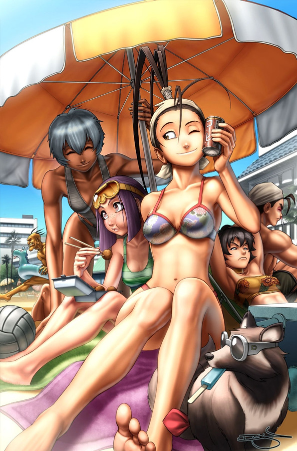 antenna_hair, barefoot, beach, beach_umbrella, bikini, black_hair, blood, brown_hair, can_to_cheek, capcom, chopsticks, closed_eyes, dark_skin, don_(street_fighter), eating, elena, food, freckles, frown, goggles, ibuki, innertube, kurosawa_sarai, legs, makoto, midriff, navel, nosebleed, omar_dogan, oro, palm_tree, parasol, ponytail, popsicle, short_hair, street_fighter, street_fighter_iii, street_fighter_iii:_3rd_strike, sunglasses, swimsuit, tanuki, toes, towel, tree, udon_entertainment, umbrella, volleyball, white_hair, wink