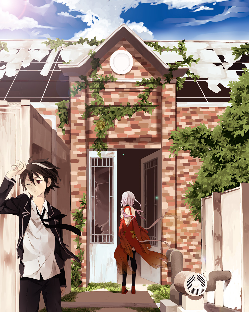 bad_id, blazer, brown_hair, building, cloud, guilty_crown, highres, necktie