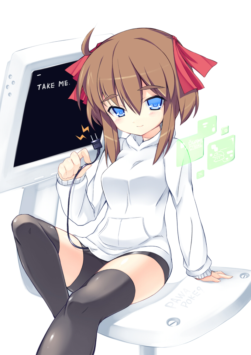 brown_hair, electric_plug, hirokawa_takemi, power_pro_kun_pocket, power_pro_kun_pocket_9, smile, thigh-highs, thighhighs