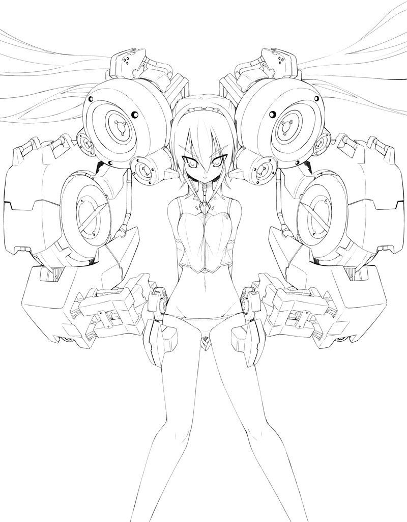 bad_id, hatsune_miku, lineart, long_hair, mecha_musume, monochrome, mound_of_venus, navel
