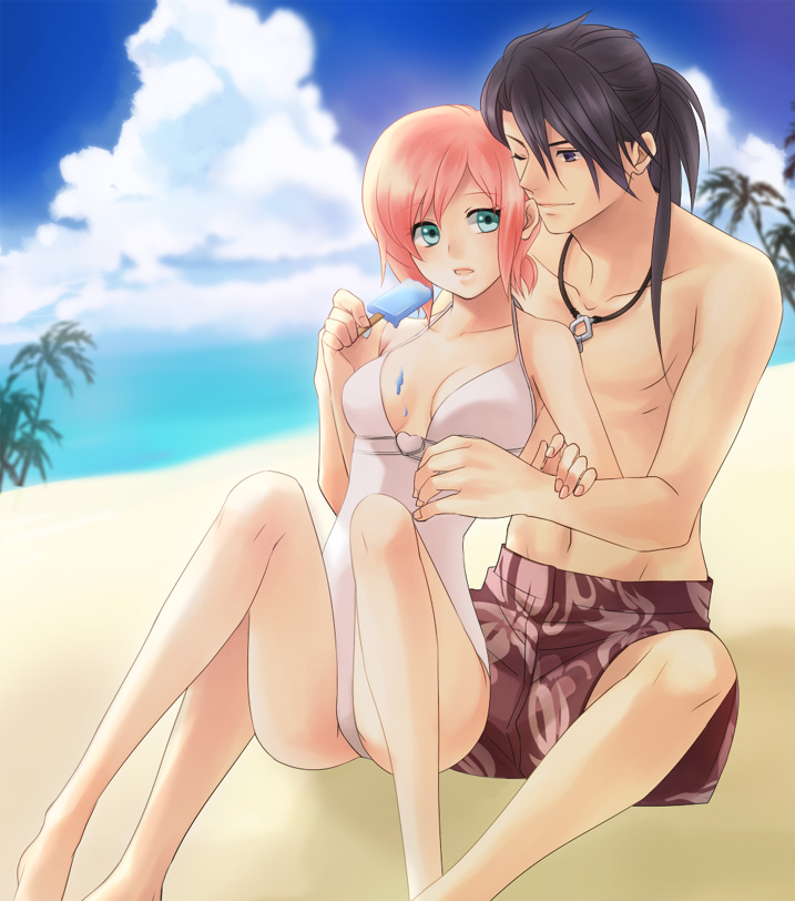 1girl, bad_id, beach, black_eyes, black_hair, celestial_s, cloud, couple, estellise_sidos_heurassein, green_eyes, jewelry, long_hair, necklace, one-piece_swimsuit, pink_hair, ponytail, popsicle, sand, shirtless, short_hair, shorts, sitting, sky, smile, swimsuit, tales_of_(series), tales_of_vesperia, wink, yuri_lowell