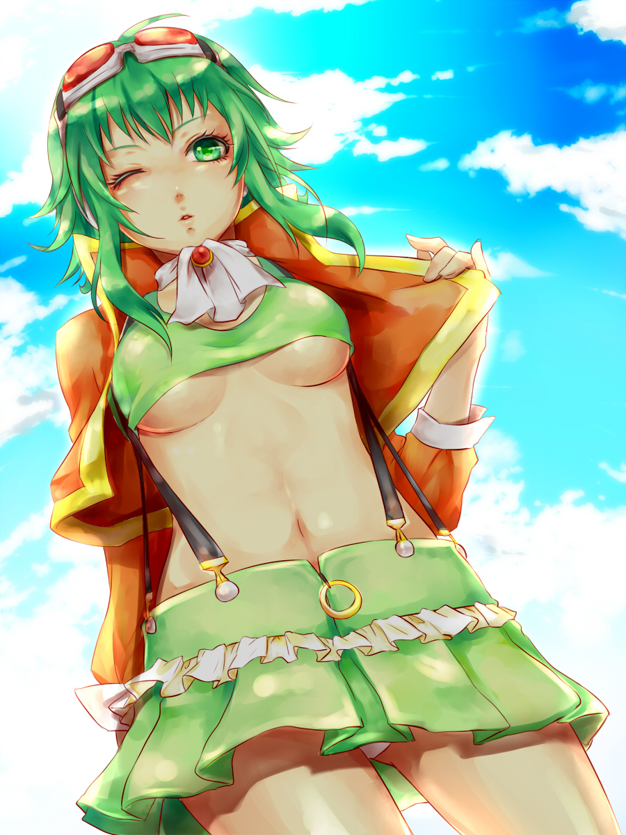 bad_id, breasts, from_below, goggles, goggles_on_head, green_eyes, green_hair, gumi