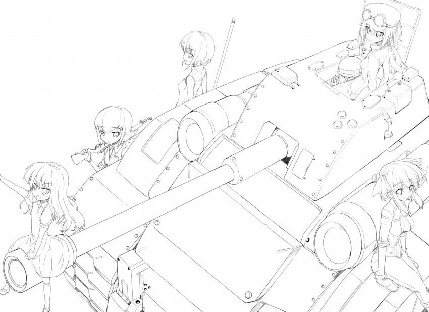 breasts, caterpillar_tracks, gun, hat, helmet, highres, hirokawa_takemi, lineart