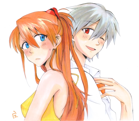 bare_shoulders, blue_eyes, blush_stickers, dress, long_hair, nagisa_kaworu, neon_genesis_evangelion, orange_hair