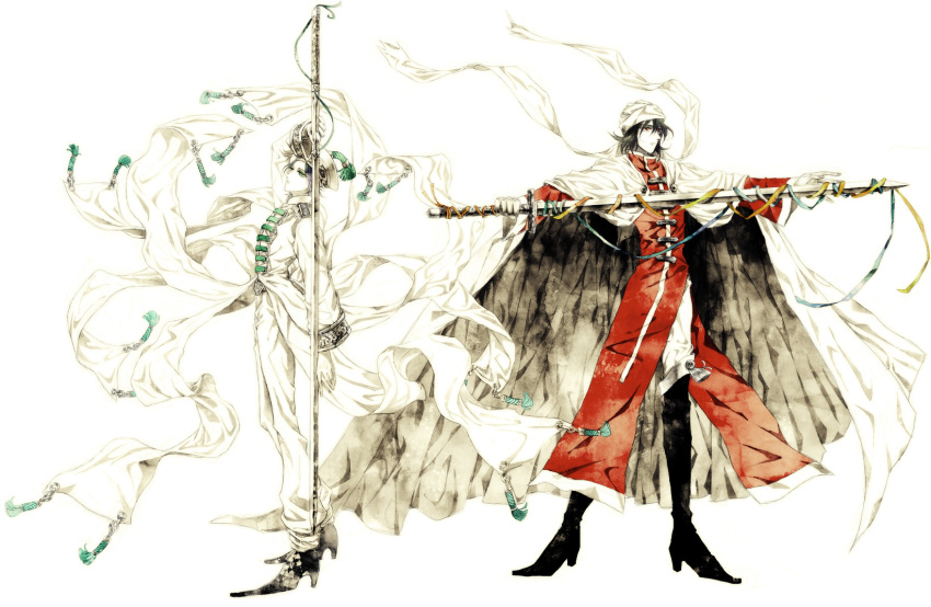 arm_(asnstnjmn), black_hair, cape, chinese_clothes, chuu_ou, epaulettes, green_eyes, hat, highres, houshin_engi, ki_hatsu, multiple_boys, purple_hair, red_eyes, spot_color, sword, turban, weapon