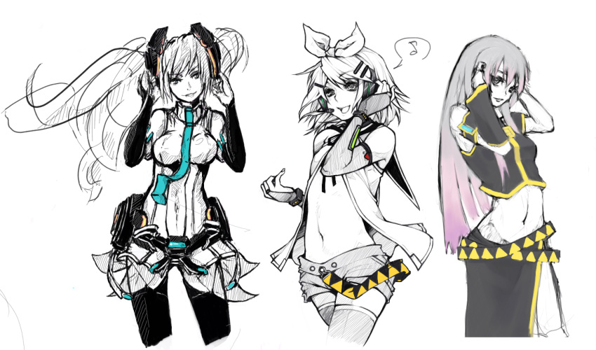 belt, breasts, bridal_gauntlets, collaboration, detached_sleeves, gloves, gradient_hair, hatsune_miku, hatsune_miku_(append), headphones, highres, kagamine_rin, listening_to_music, long_hair, megurine_luka, midriff, miku_append, monochrome, multicolored_hair, multiple_girls, musical_note, na_young_lee, navel, necktie, pan!ies, partially_colored, pink_hair, riftgarret, short_hair, short_shorts, shorts, side_slit, skirt, spot_color, thigh-highs, thighhighs, twintails, vocaloid, vocaloid_append, zettai_ryouiki