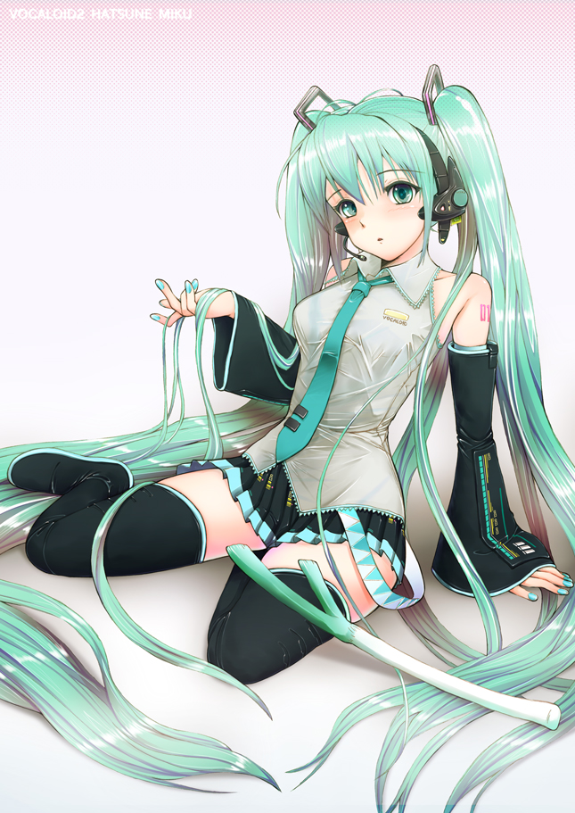 1girl, arm_support, boots, detached_sleeves, green_eyes, green_hair, hatsune_miku, headphones