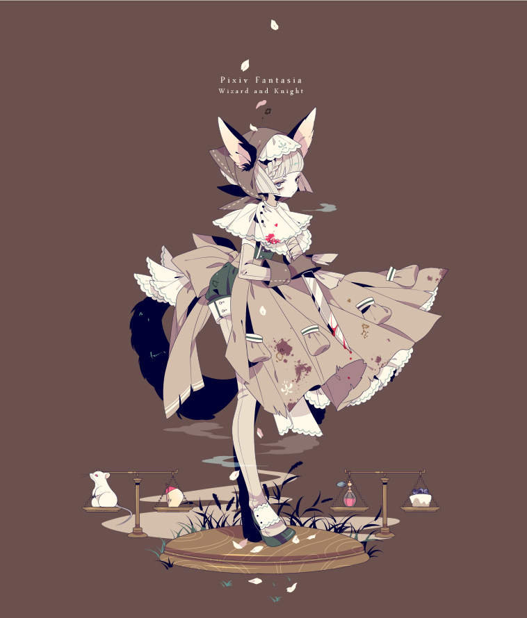 apple, blood, blue_eyes, cat, cat_ears, dress, food, fruit