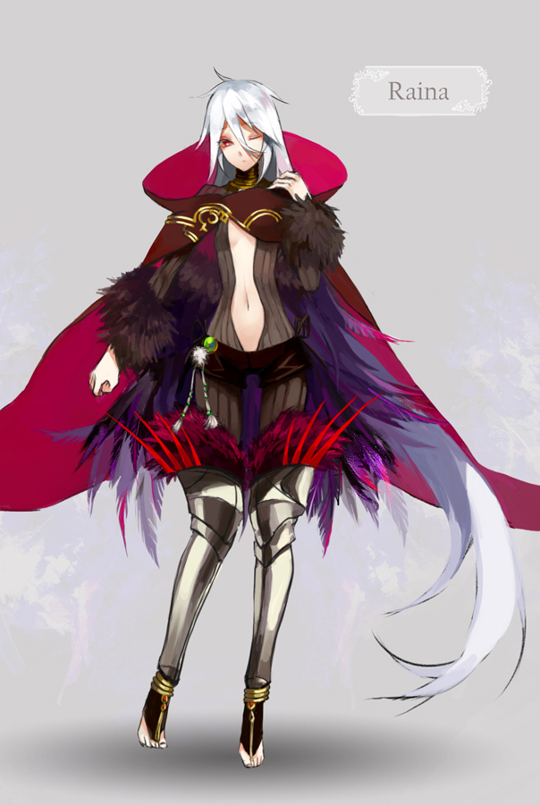 barefoot, cape, feathers, fur, navel, pixiv_fantasia, pixiv_fantasia_wizard_and_knight, red_eyes, satsuyu_ito, short_shorts, shorts, silver_hair, toeless_legwear, toeless_socks, wink