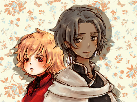 2boys, bad_id, black_eyes, black_hair, blonde_hair, dark_skin, earrings, genderswap