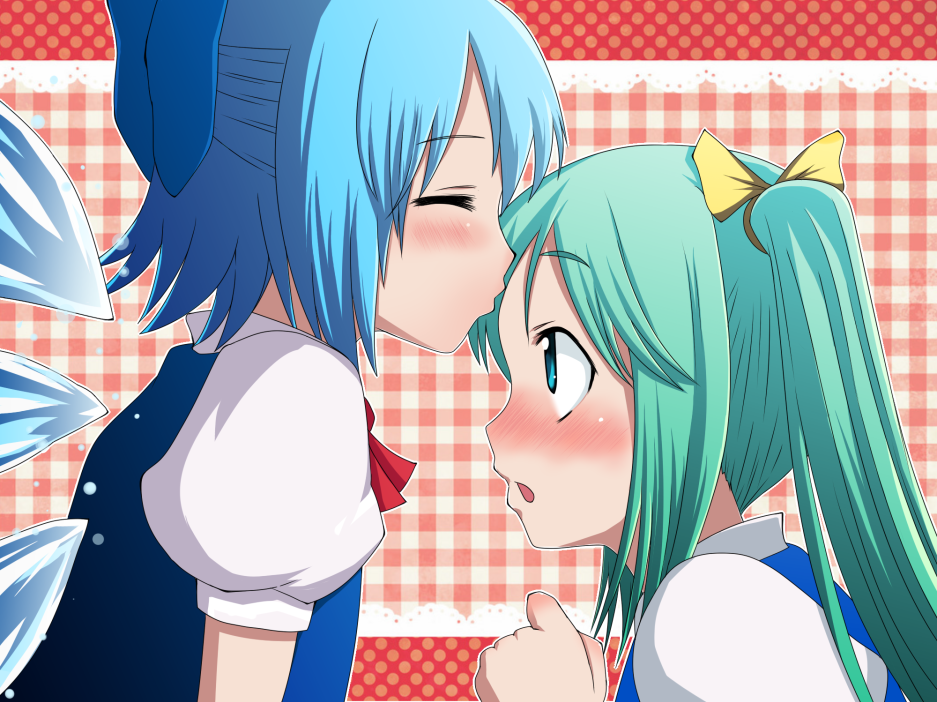 :o, blue_eyes, blush, bow, cirno, close-up, closed_eyes, daiyousei