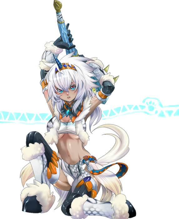 arms_up, blue_eyes, breasts, capcom, dark_skin, gloves, hairband, horn