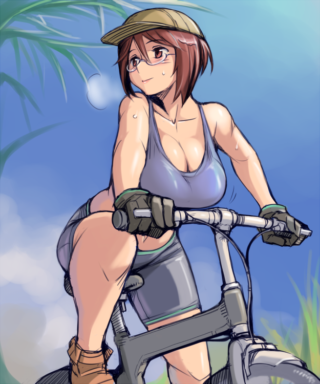 baseball_cap, bicycle, bike_shorts, blush, breasts, brown_eyes, brown_hair, cleavage