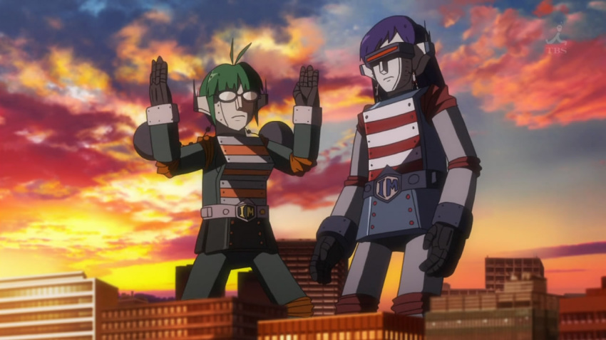 cityscape, cloud, glasses, green_hair, idolmaster, kisaragi_(mujin_gattai_kisaragi), mecha, mujin_gattai_kisaragi