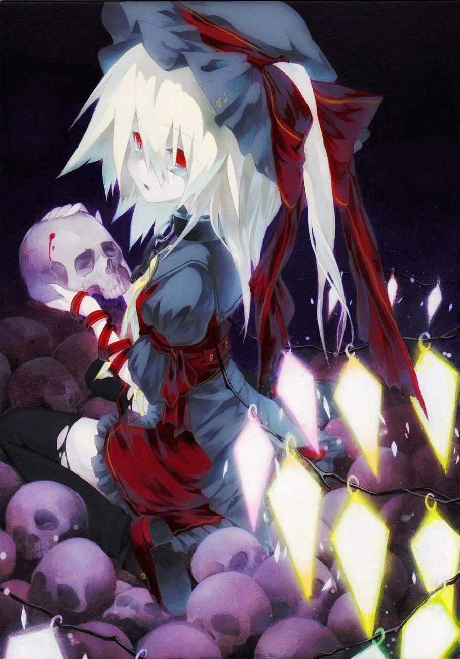 acrylic_paint_(medium), alternate_color, alternate_hair_color, blood, bow, chain, chains, collar