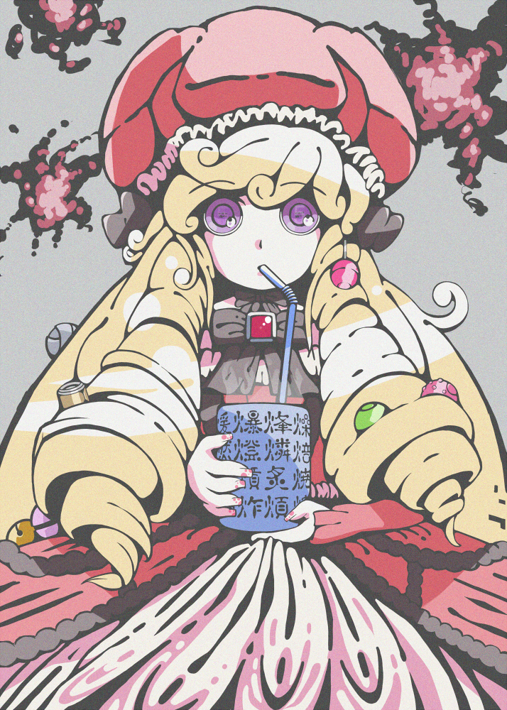 dodonpachi, dodonpachi_daioujou, dress, drill_hair, drinking, glass, gown, hat