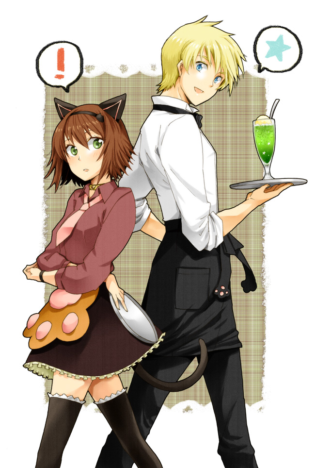 alternate_costume, animal_ears, apron, black_legwear, blonde_hair, blue_eyes, brown_hair, cat_ears