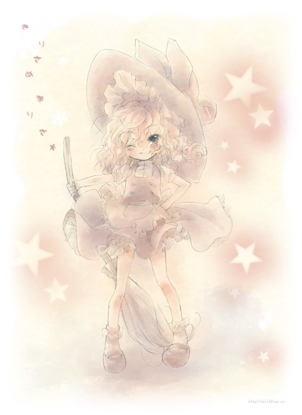 blush, broom, dress, green_eyes, hat, kirisame_marisa, komomo_riri, long_hair, messy_hair, smile, solo, star, touhou, translated, wink, witch_hat