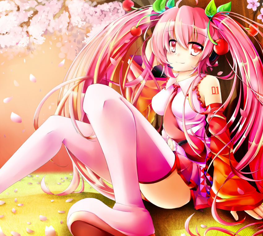 1girl, boots, cherry, cherry_blossoms, detached_sleeves, food, fruit, hatsune_miku