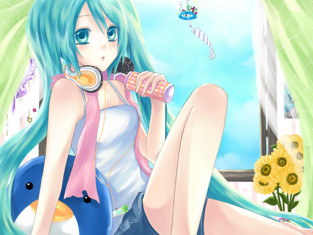 1girl, aqua_hair, bird, bottle, curtains, flower, hatsune_miku, headphones