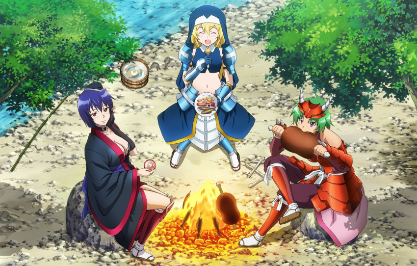 3girls, :d, armor, bare_shoulders, blue_hair, breasts, bucket, chousokabe_motochika_(sengoku_otome), closed_eyes, eating, fang, fire, fishing_rod, food, green_hair, habit, hat, highres, large_breasts, meat, midriff, mouri_motonari_(sengoku_otome), multiple_girls, navel, ootomo_sourin_(sengoku_otome), open_mouth, plate, purple_eyes, red_eyes, sandals, sengoku_otome, short_hair, sitting, sitting_on_rock, smile, water