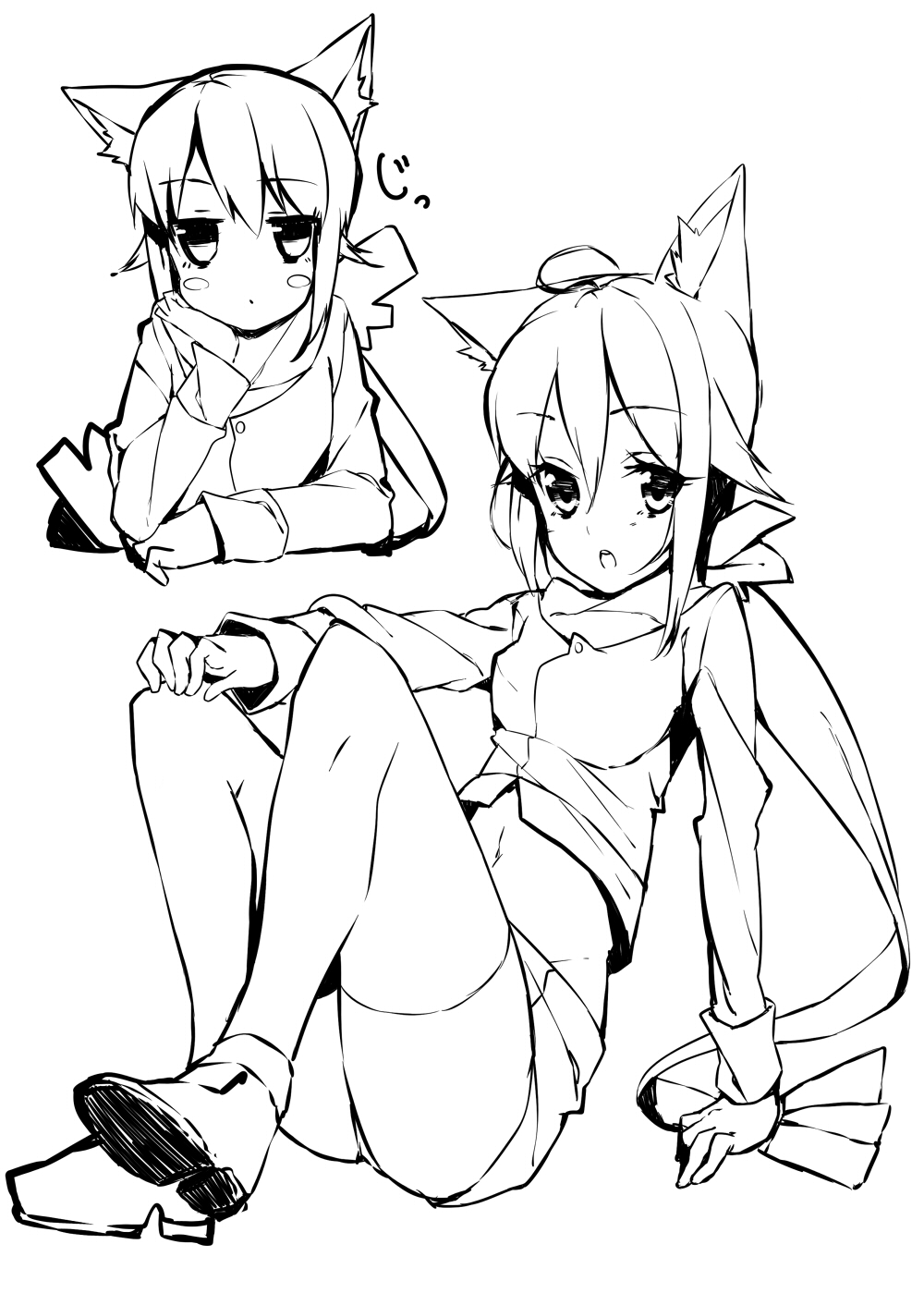 animal_ears, bad_id, cat_ears, highres, kiki_(koba), koba, lineart, lying