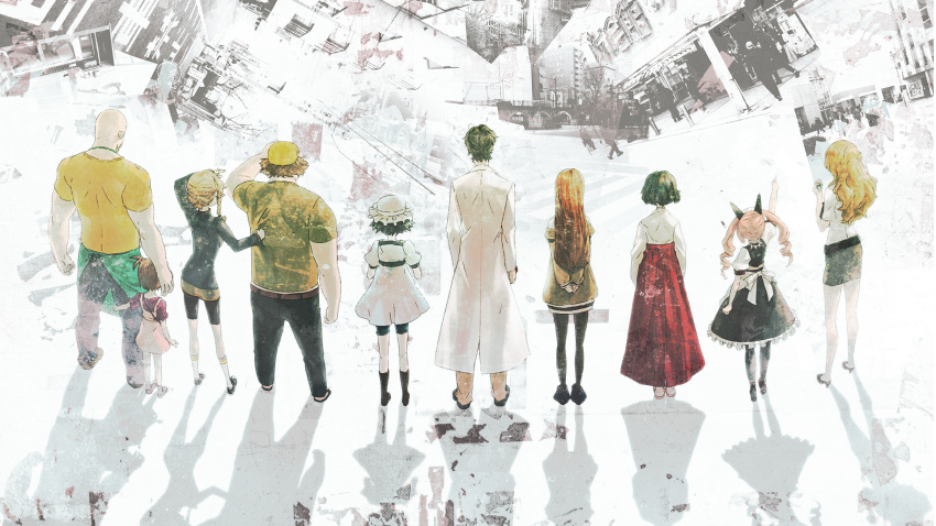 6+girls, amane_suzuha, back, city, cityscape, faris_nyannyan, hashida_itaru, highres