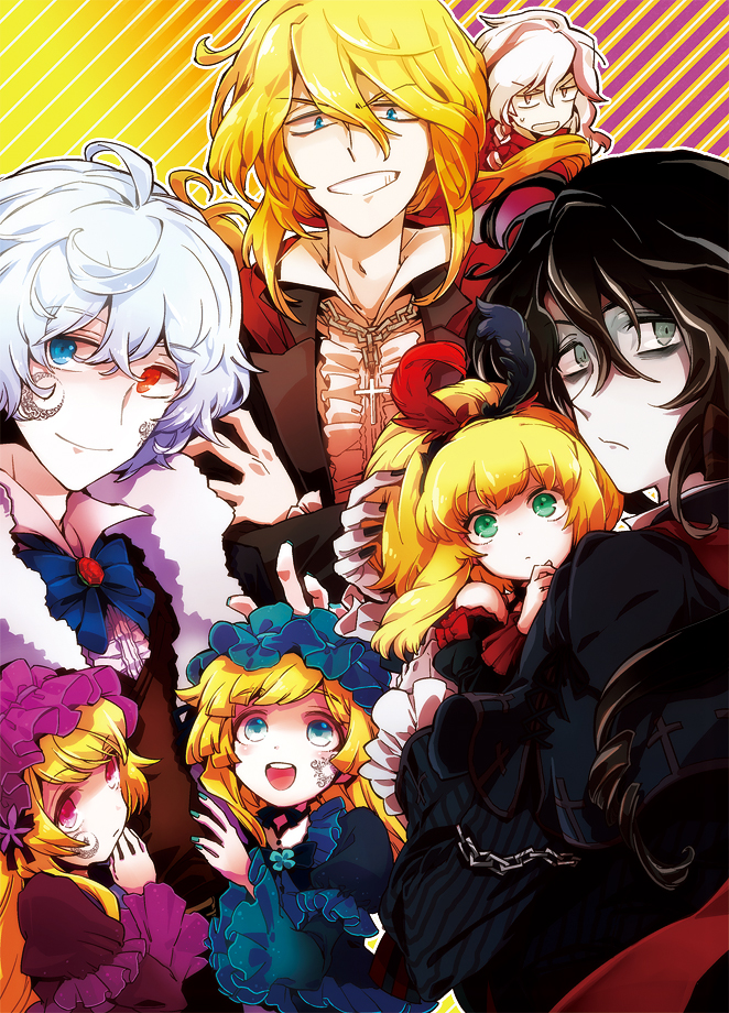 4boys, aqua_eyes, bad_id, black_hair, blonde_hair, blue_hair, bow, carrying, character_request, cross, eleuseus, elyse, feathers, green_eyes, headdress, heterochromia, hiver_laurant, hortense, idolfried_ehrenberg, jewelry, long_hair, marchen, marchen_von_friedhof, moira, multiple_boys, multiple_girls, pendant, red_eyes, roman, short_hair, smile, sound_horizon, violette, yukizen
