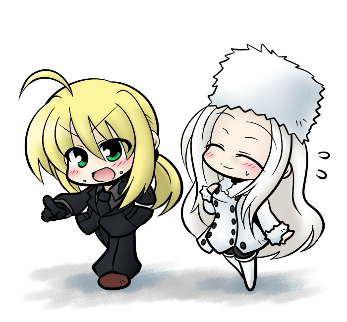 ahoge, blush, boots, chibi, closed_eyes, eyes_closed, fate/stay_night, fate/zero, fate_(series), formal, irisviel_von_einzbern, multiple_girls, pantyhose, saber, suit, thigh_boots, thighhighs, yanagi_(artist), yanagi_(nurikoboshi)