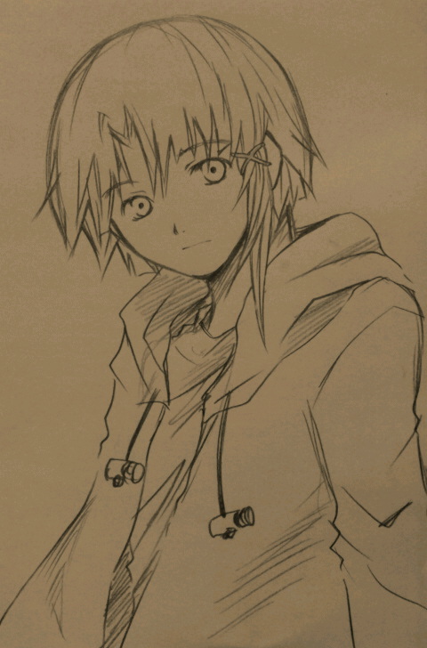 donten, graphite_(medium), hair_tie, hoodie, iwakura_lain, monochrome, serial_experiments_lain, short_hair, solo, traditional_media
