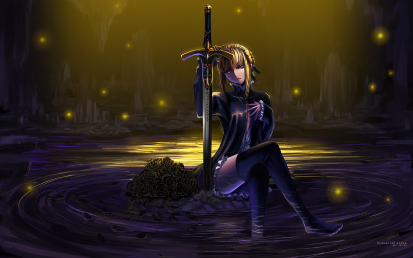 black_legwear, black_rose, blonde_hair, bouquet, caliburn, crossed_legs, dress, fate/stay_night