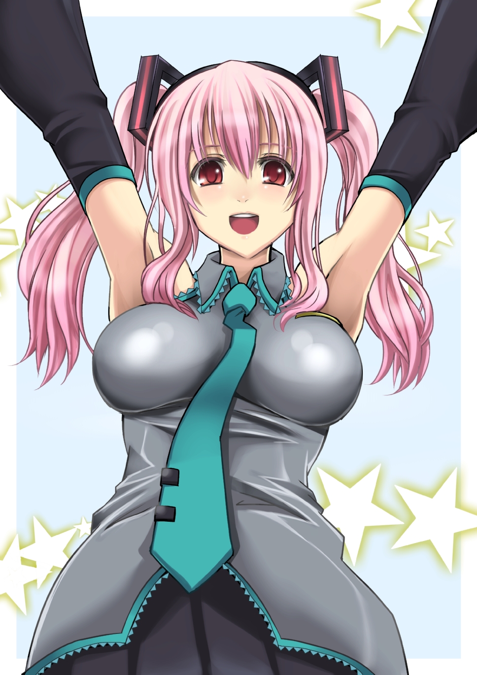 alternate_hairstyle, armpits, arms_up, breasts, cosplay, deni_m, detached_sleeves, hatsune_miku