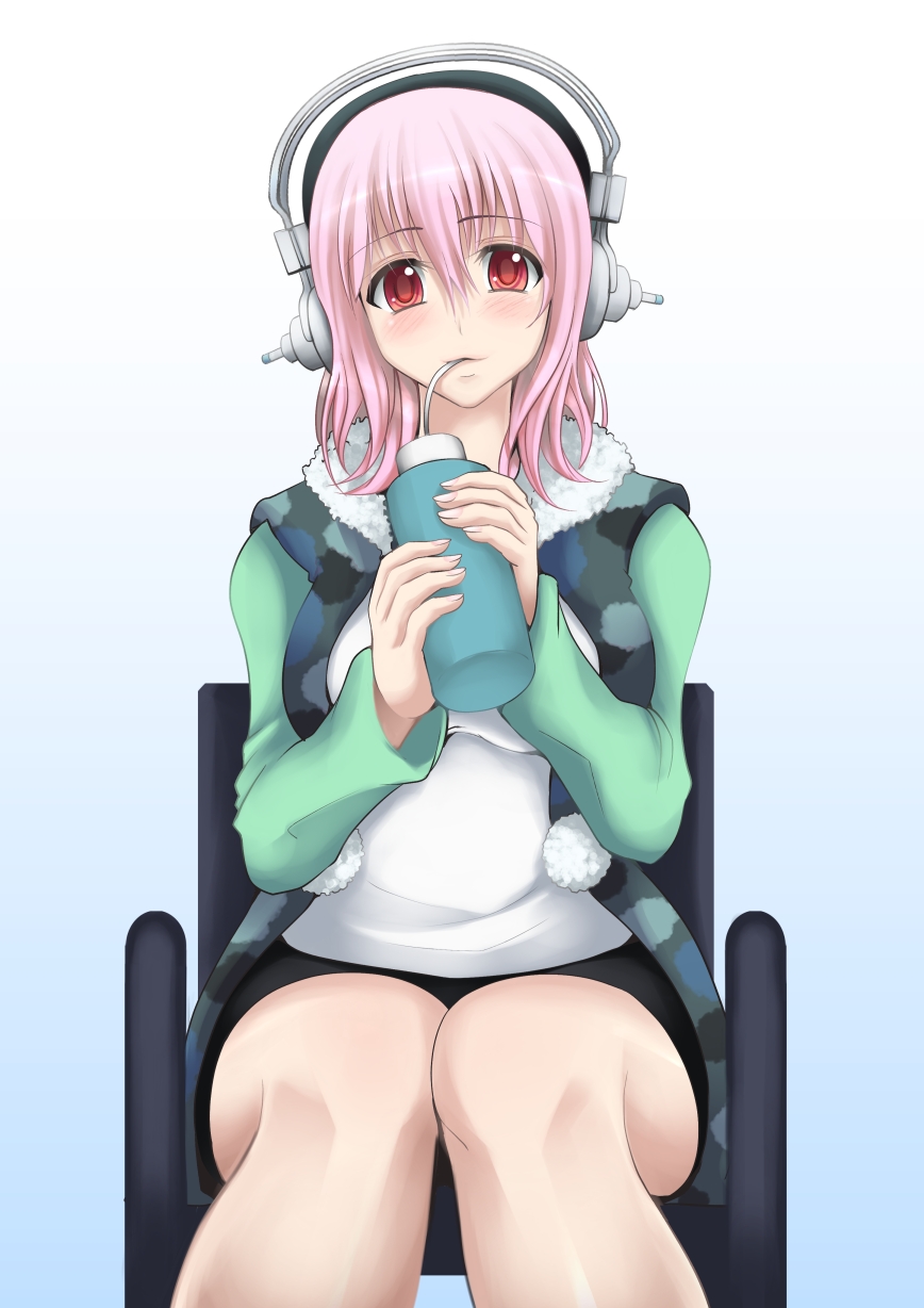 chair, deni_m, drinking, headphones, highres, looking_at_viewer, nitroplus, pink_hair