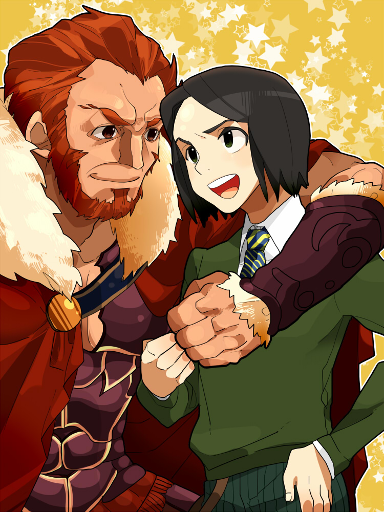 armor, bad_id, beard, black_hair, bob_cut, cape, facial_hair, fate/stay_night