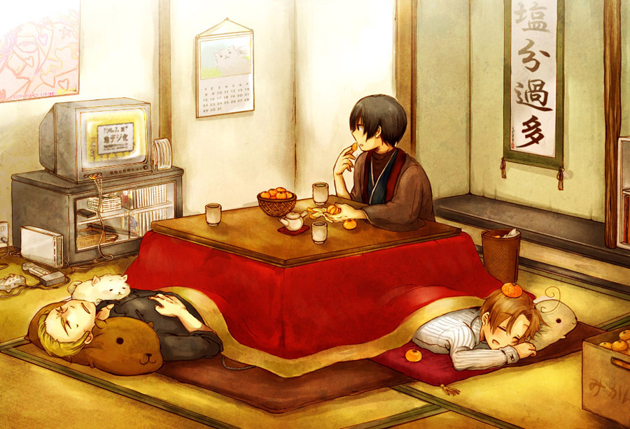axis_powers_hetalia, calendar, calendar_(object), capybara-san, eating, food, germany_(hetalia), japan_(hetalia)
