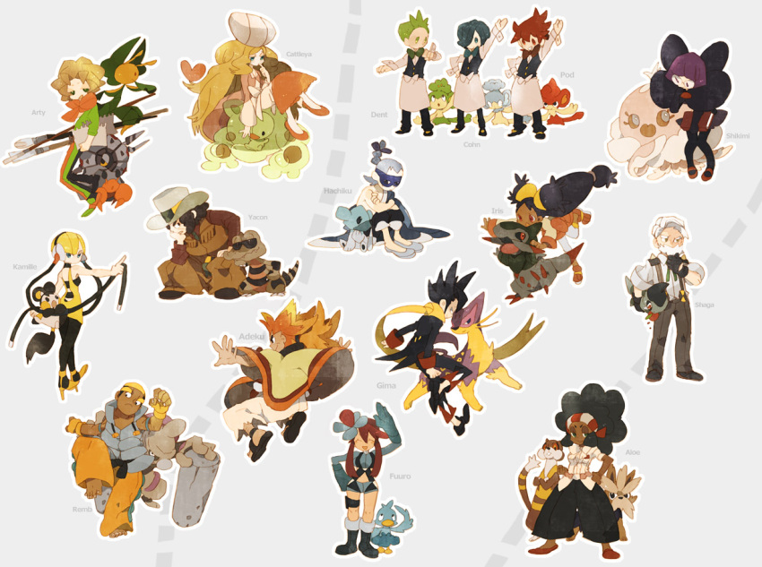 6+girls, adeku_(pokemon), aloe_(pokemon), arty_(pokemon), axew, cattleya_(pokemon), character_name, conkeldurr
