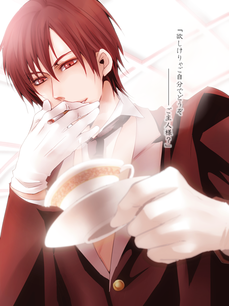 1boy, cigarette, cup, formal, genderswap, genderswap_(ftm), gloves, gojoe
